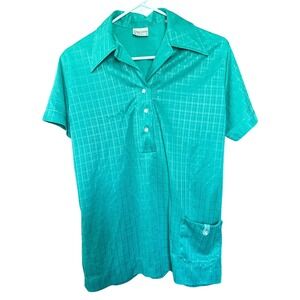 VTG 70's King Louie Bowling Shirt Polo Green Shiny Disco S/M Grid Pattern VTG 36